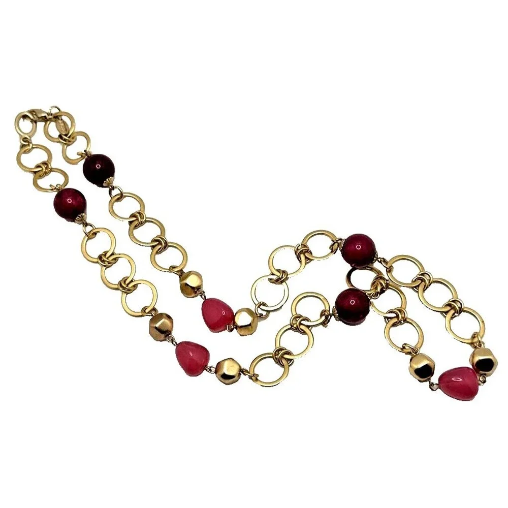 Vintage TALBOTS Station Necklace Pink Stone Glass Bead Gold Tone Link 25